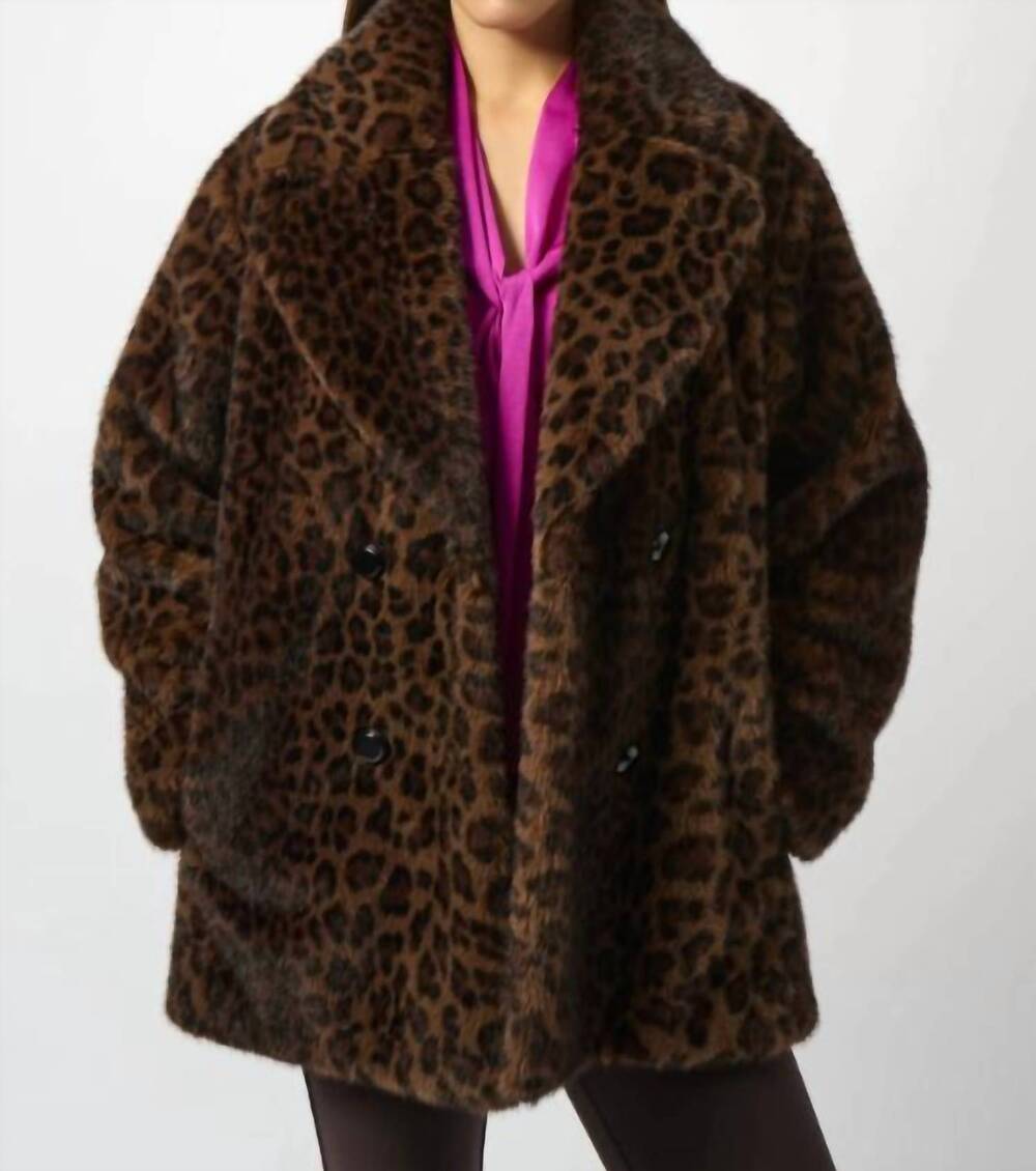 NEW JOSEPH RIBKOFF leopard print faux fur long sleeve coat in brown/black